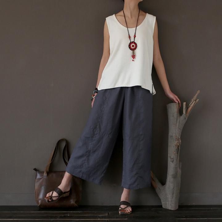 new  gray stylish linen wide leg pants oversize crop pants - Omychic