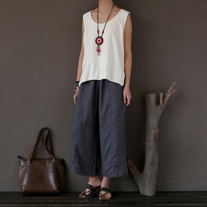 new  gray stylish linen wide leg pants oversize crop pants - Omychic