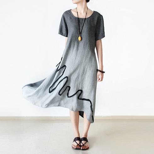 new gray summer dresses plus size casual linen sundress o neck maxi dress - Omychic