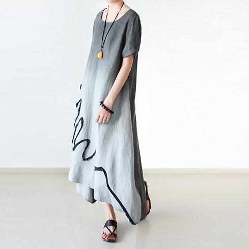 new gray summer dresses plus size casual linen sundress o neck maxi dress - Omychic