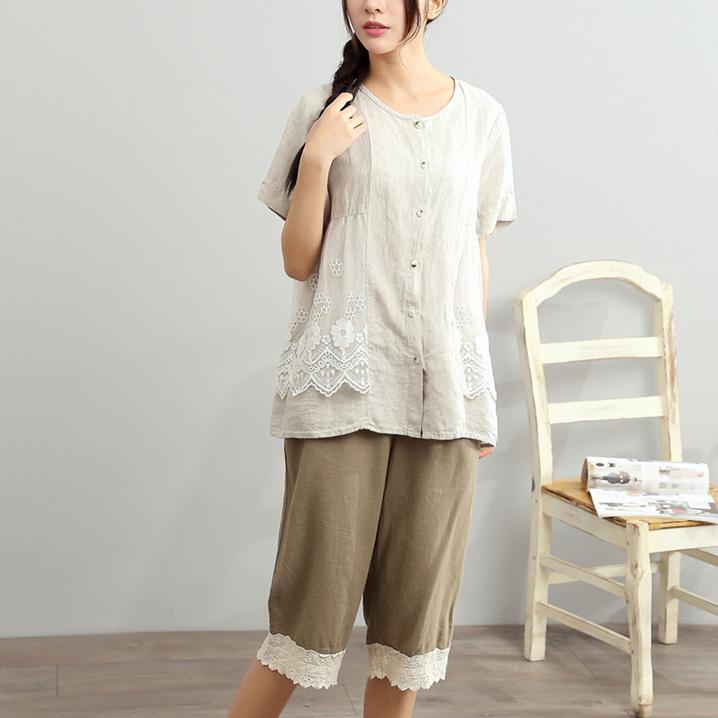 new gray summer linen dress embroidery floral loose blouse short sleeve t shirt - Omychic