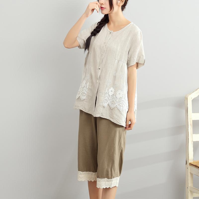 new gray summer linen dress embroidery floral loose blouse short sleeve t shirt - Omychic