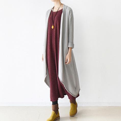 new gray white think knit coats long asymmetrical design cotton cardigans - Omychic