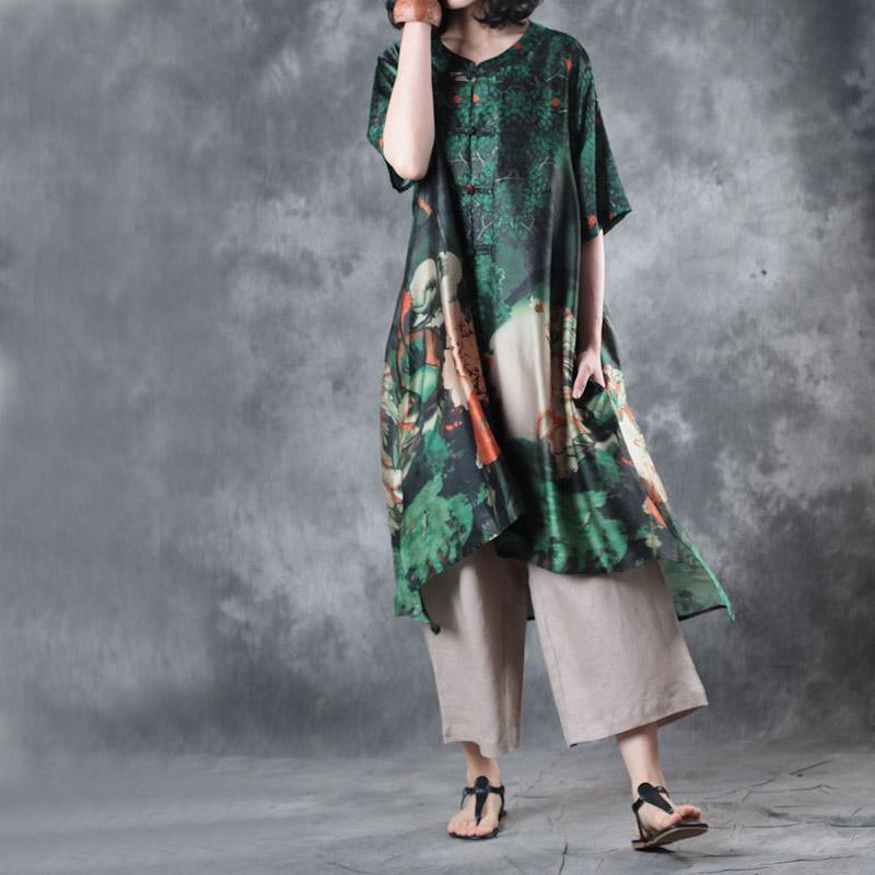 new green casaul silk dresses plus size Chinese Button blouse half sleeve cardigans - Omychic