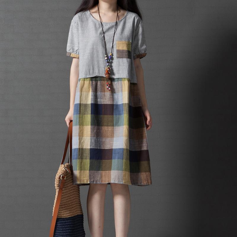 new green gird cotton sundress oversize patchwork casual dresses short sleeve shift dress - Omychic