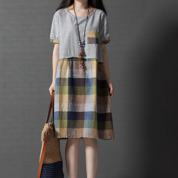 new green gird cotton sundress oversize patchwork casual dresses short sleeve shift dress - Omychic