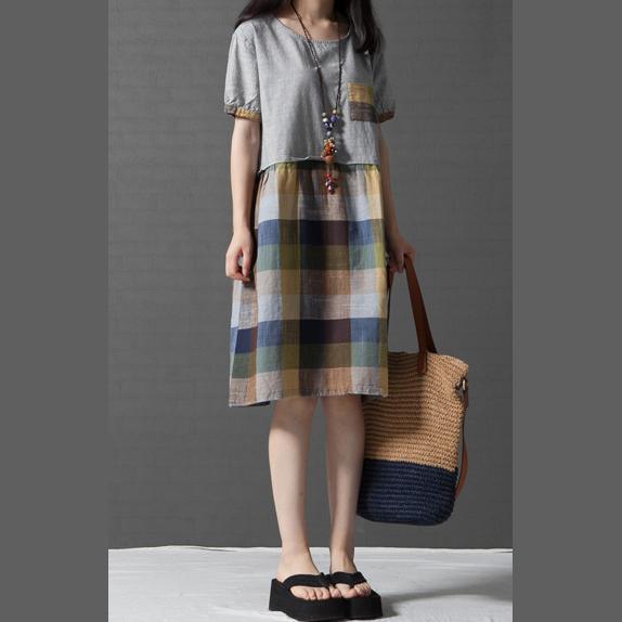 new green gird cotton sundress oversize patchwork casual dresses short sleeve shift dress - Omychic