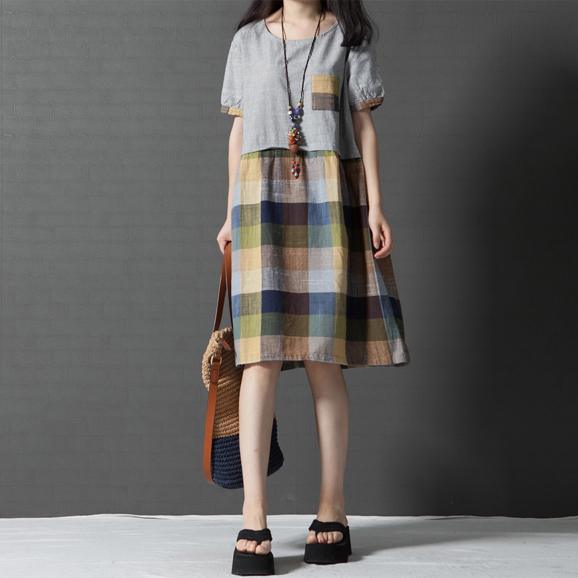 new green gird cotton sundress oversize patchwork casual dresses short sleeve shift dress - Omychic