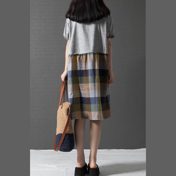 new green gird cotton sundress oversize patchwork casual dresses short sleeve shift dress - Omychic