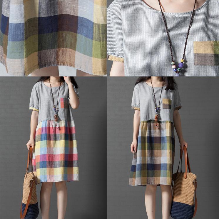 new green gird cotton sundress oversize patchwork casual dresses short sleeve shift dress - Omychic