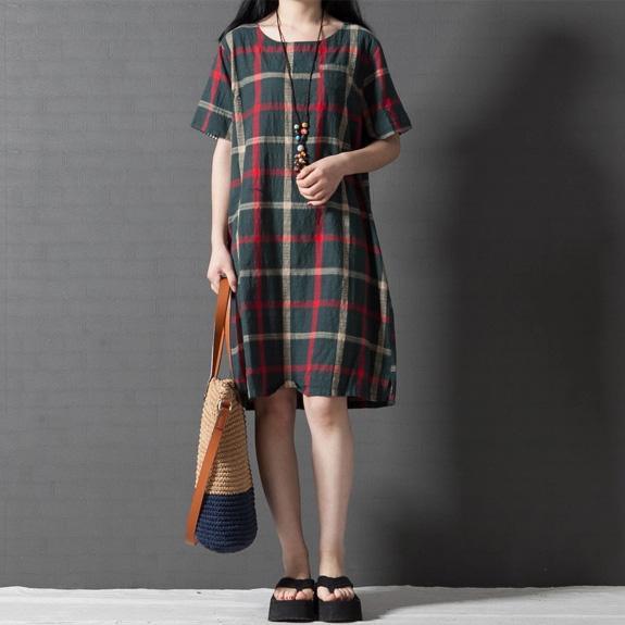 new green girl casual linen dresses plus size sundress short sleeve shirt dress - Omychic