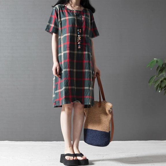 new green girl casual linen dresses plus size sundress short sleeve shirt dress - Omychic