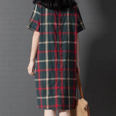 new green girl casual linen dresses plus size sundress short sleeve shirt dress - Omychic