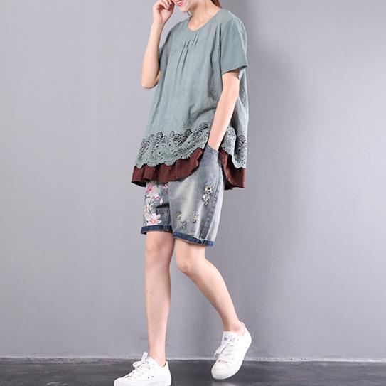 new green loose cotton blouse oversize lace hem short sleeve hollow out t shirt - Omychic