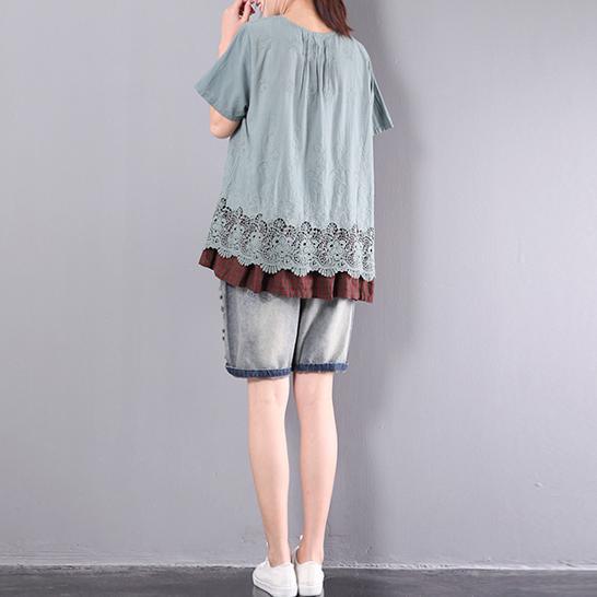new green loose cotton blouse oversize lace hem short sleeve hollow out t shirt - Omychic
