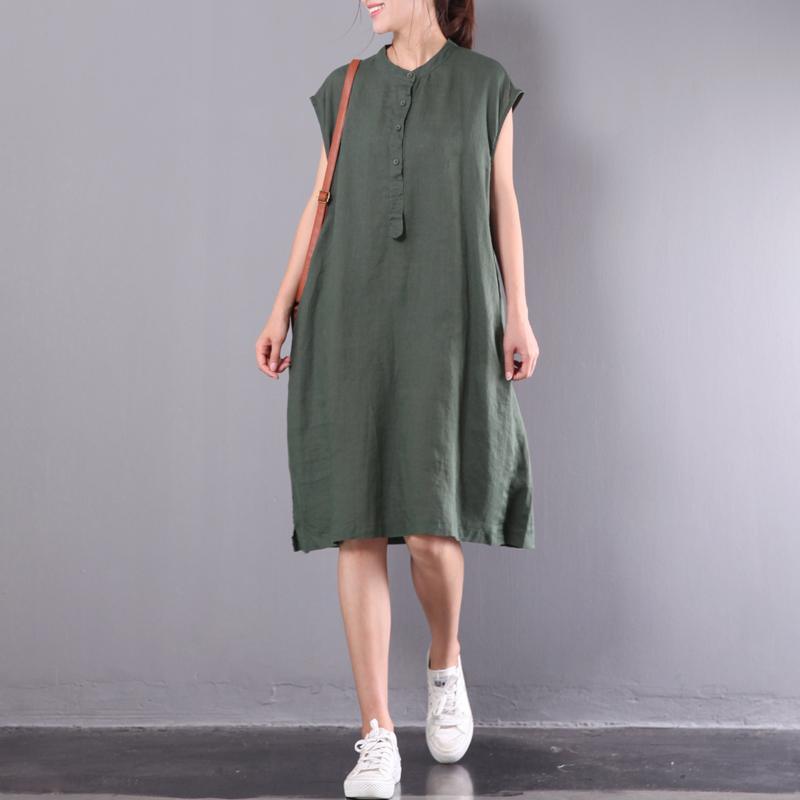 new green oversize linen sundress casual slim button women dresses o neck shift dress - Omychic