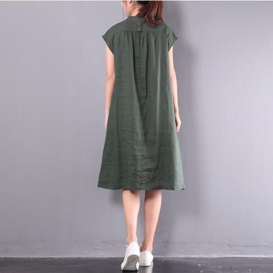 new green oversize linen sundress casual slim button women dresses o neck shift dress - Omychic