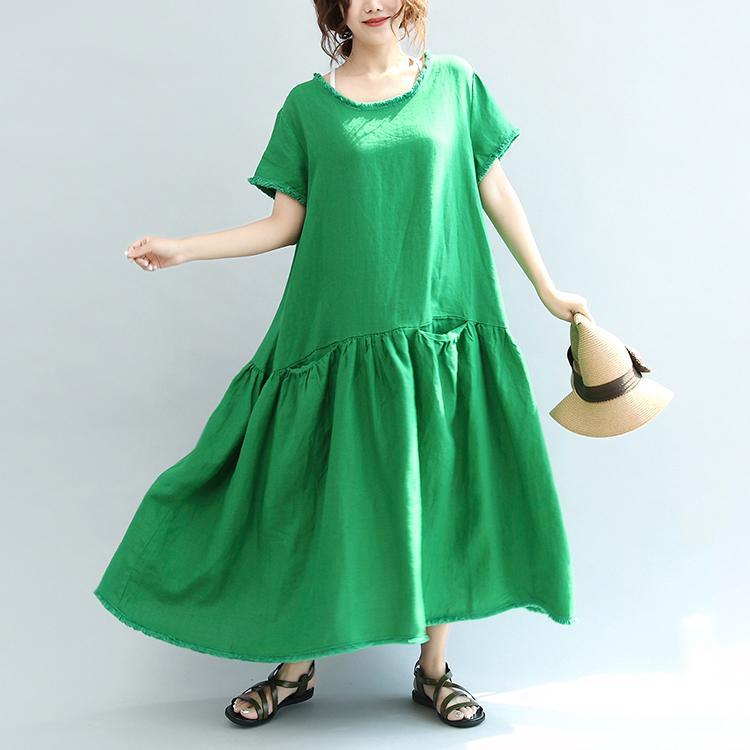 new green pockets linen sundress plus size casual dresses o neck maxi dress - Omychic