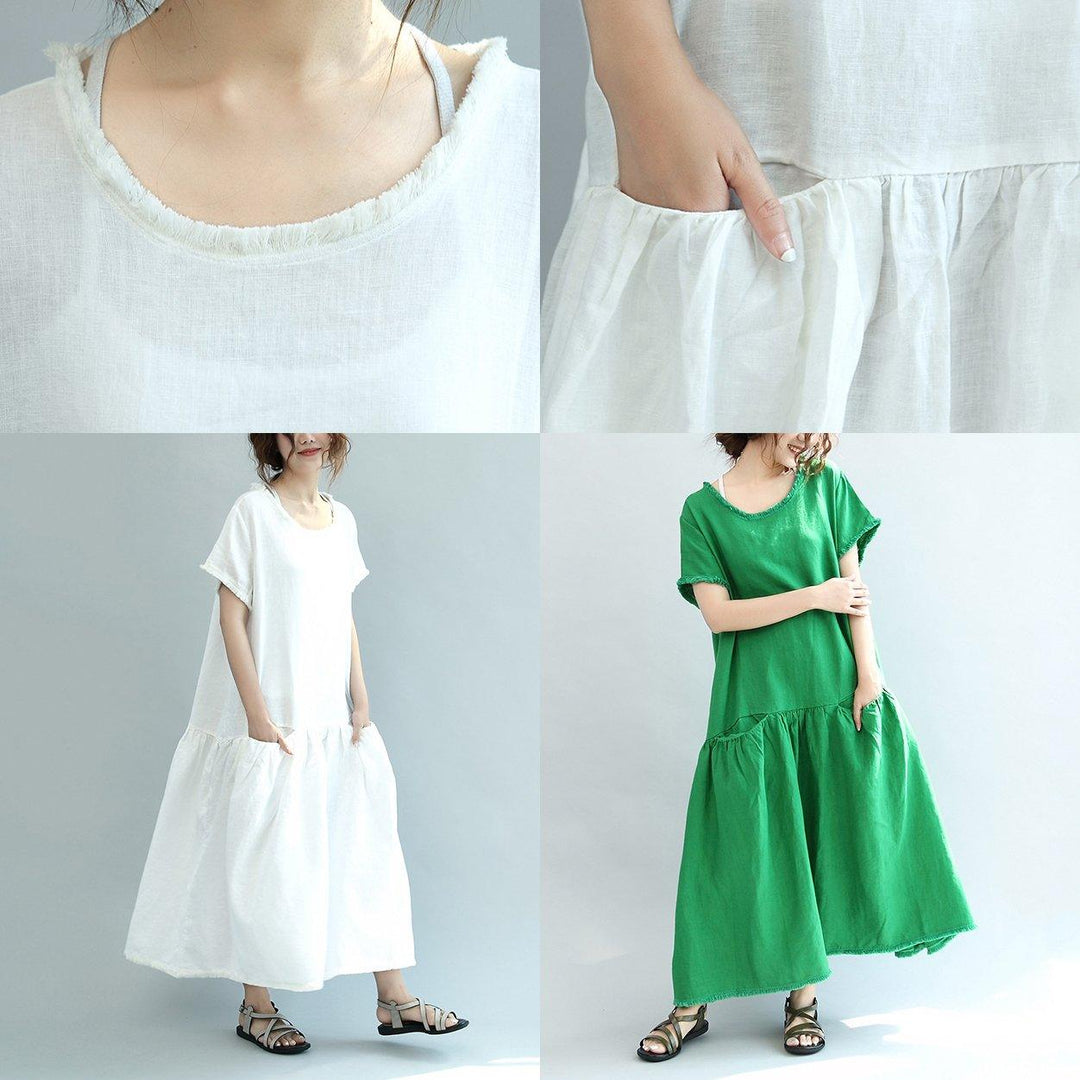 new green pockets linen sundress plus size casual dresses o neck maxi dress - Omychic
