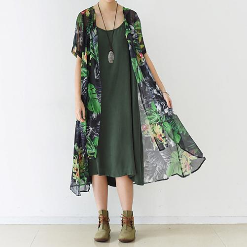 new green prints chiffon silk dresses plus size maxi dress short sleeve cardigans - Omychic
