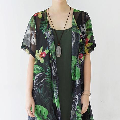 new green prints chiffon silk dresses plus size maxi dress short sleeve cardigans - Omychic