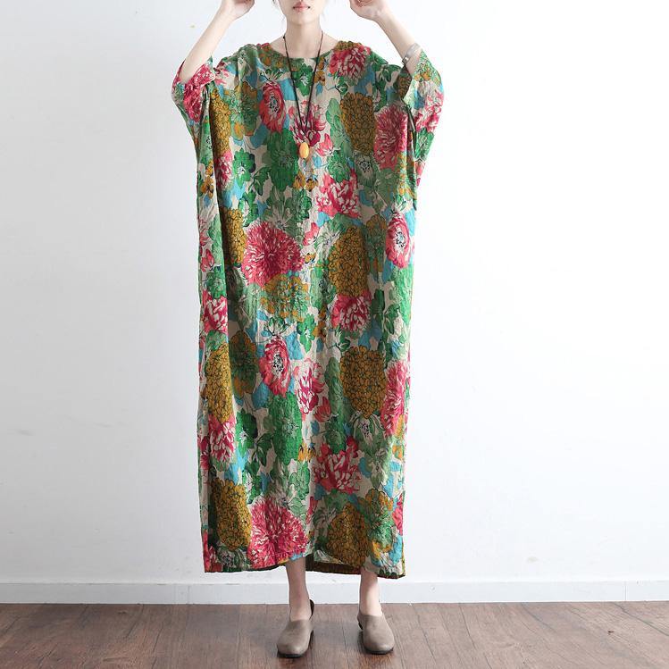 new green prints linen dresses plus size vintage casual caftans long sleeve maxi dress - Omychic