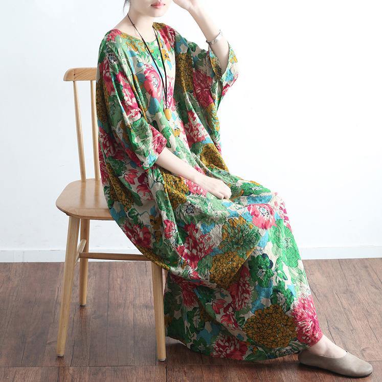 new green prints linen dresses plus size vintage casual caftans long sleeve maxi dress - Omychic