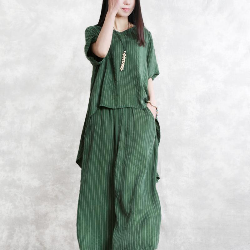 new green silk fashion two pieces low high design asymmetric pullover tops and elastic waist wide leg pants - Omychic