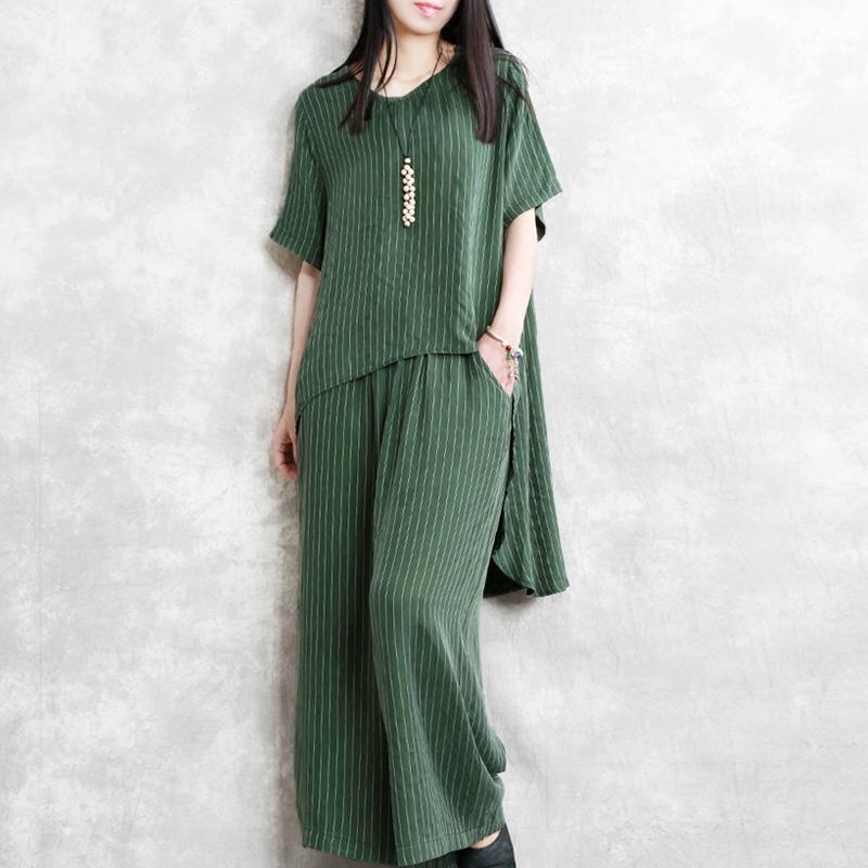 new green silk fashion two pieces low high design asymmetric pullover tops and elastic waist wide leg pants - Omychic