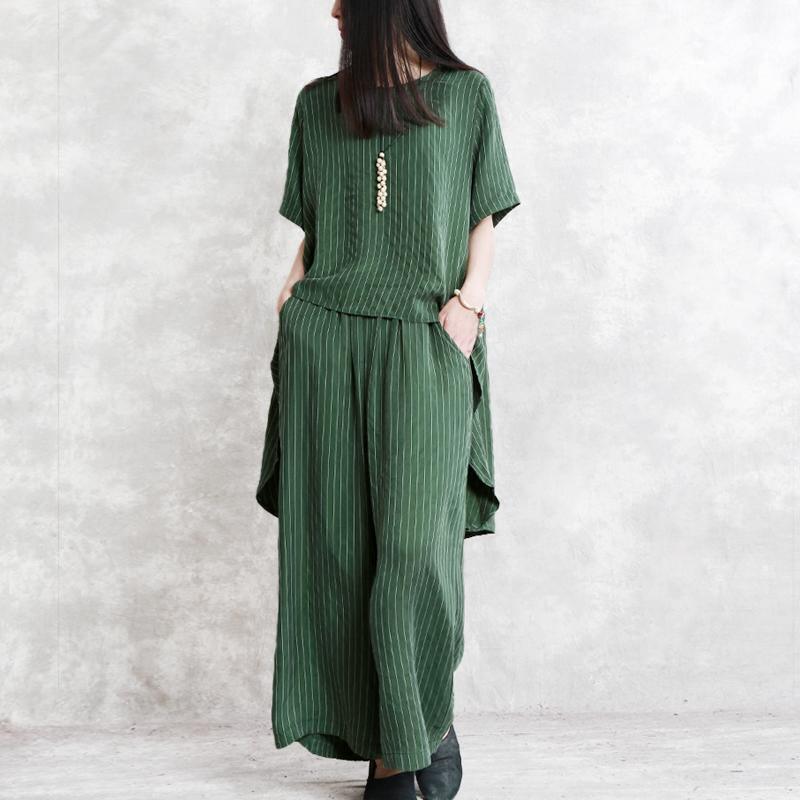 new green silk fashion two pieces low high design asymmetric pullover tops and elastic waist wide leg pants - Omychic