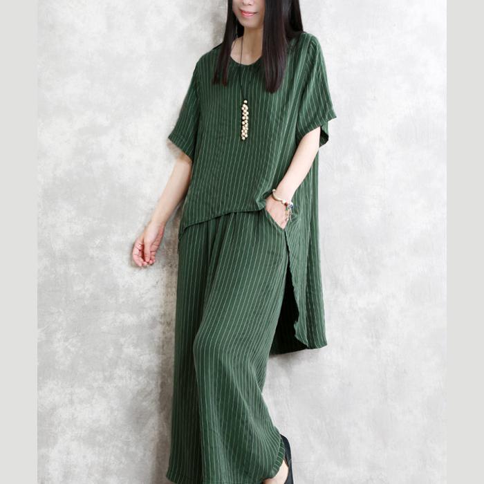 new green silk fashion two pieces low high design asymmetric pullover tops and elastic waist wide leg pants - Omychic