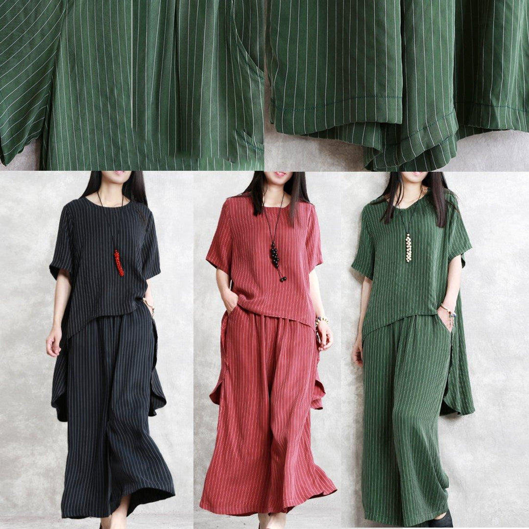 new green silk fashion two pieces low high design asymmetric pullover tops and elastic waist wide leg pants - Omychic