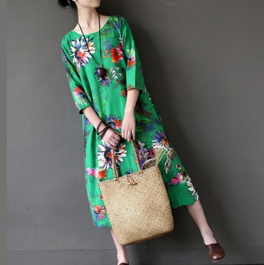 new green top quality linen maxi dresses plus size casual bracelet sleeved caftans - Omychic