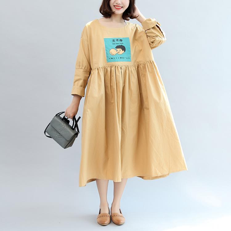 new khaki cartoon patchwork cotton maxi dresses oversize long sleeve women dress - Omychic