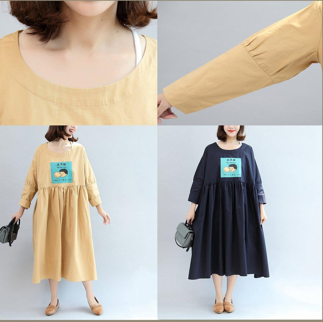 new khaki cartoon patchwork cotton maxi dresses oversize long sleeve women dress - Omychic
