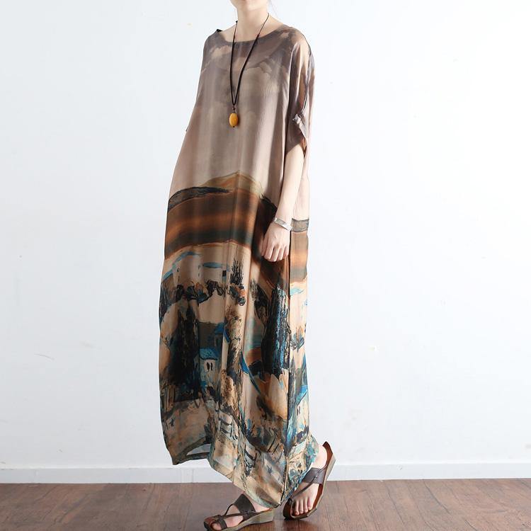 new khaki casual print silk dresses patchwork plus size summer dresses o neck maxi dress - Omychic