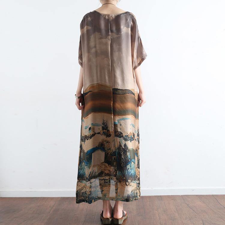 new khaki casual print silk dresses patchwork plus size summer dresses o neck maxi dress - Omychic