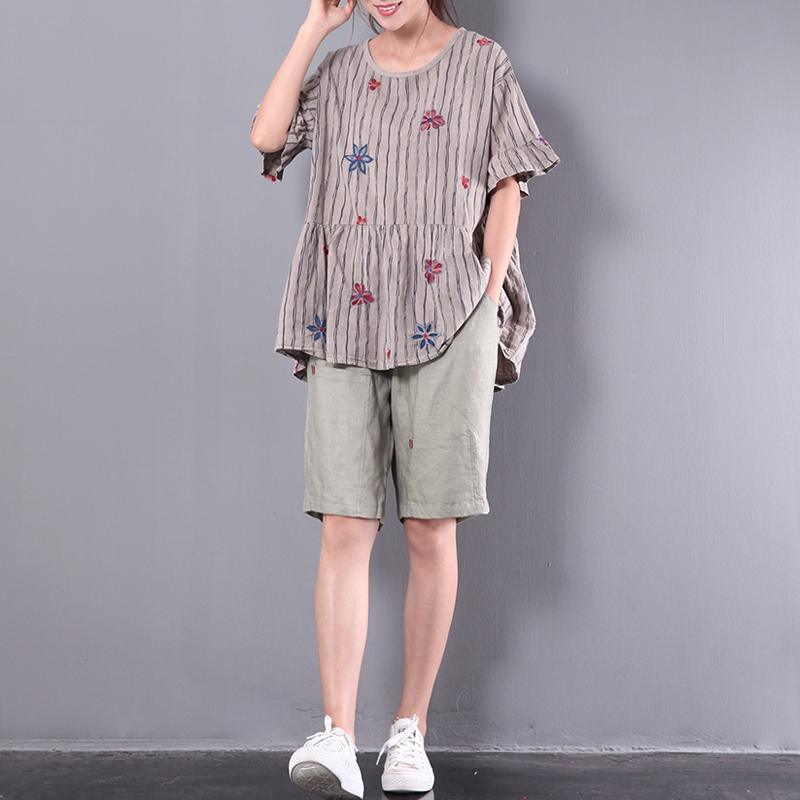 new khaki linen floral tops oversize casual wrinkled t shirt - Omychic