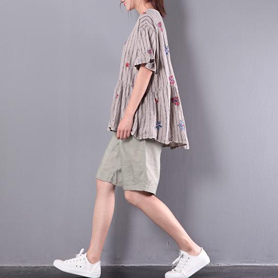 new khaki linen floral tops oversize casual wrinkled t shirt - Omychic
