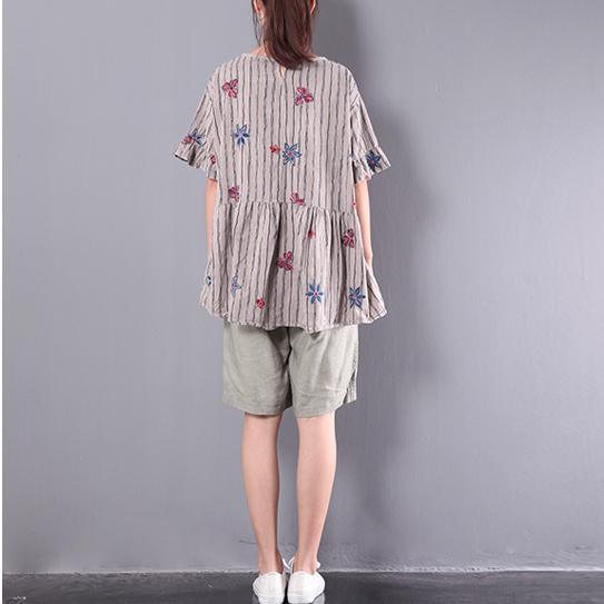 new khaki linen floral tops oversize casual wrinkled t shirt - Omychic