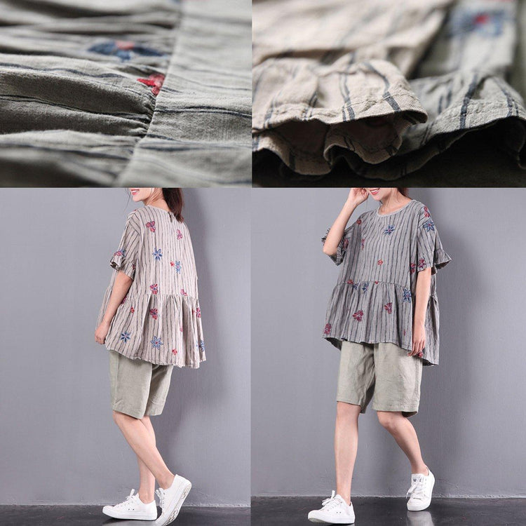 new khaki linen floral tops oversize casual wrinkled t shirt - Omychic
