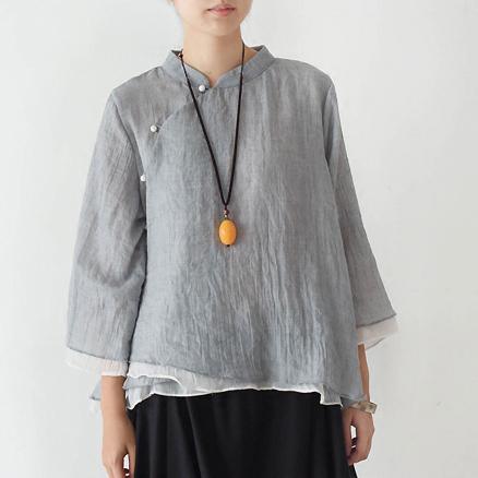 new light gray cotton tops loose casual blouse bracelet sleeved shirt - Omychic