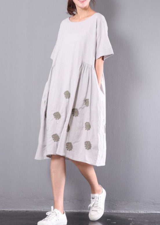 new light gray embroidery linen dresses plus size unique sundress short sleeve wrinkled mid-dress - Omychic