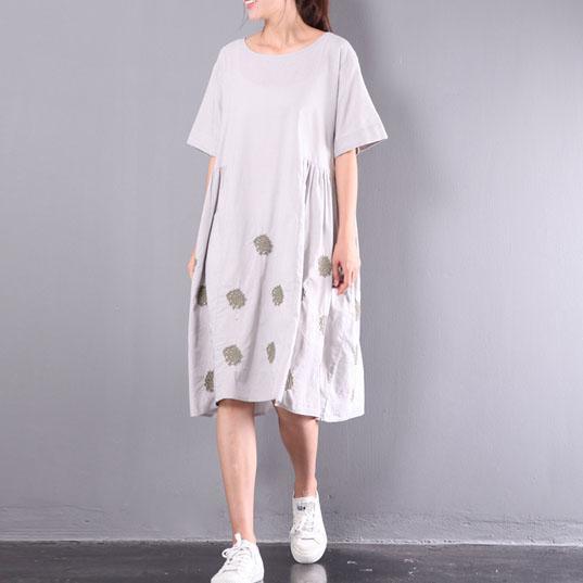 new light gray embroidery linen dresses plus size unique sundress short sleeve wrinkled mid-dress - Omychic