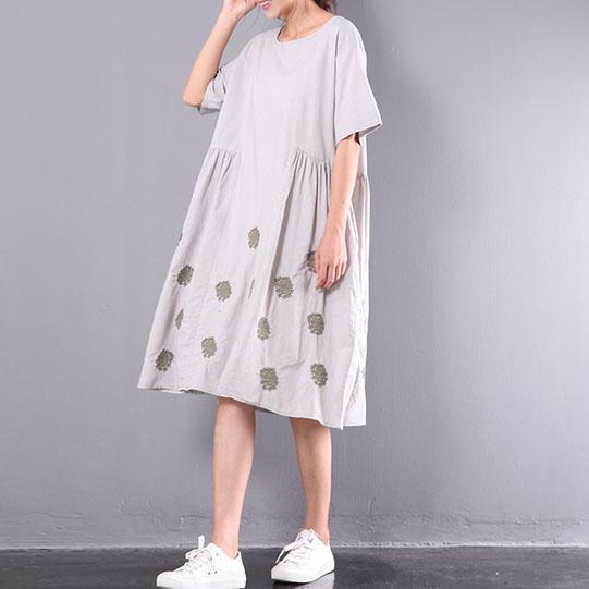 new light gray embroidery linen dresses plus size unique sundress short sleeve wrinkled mid-dress - Omychic