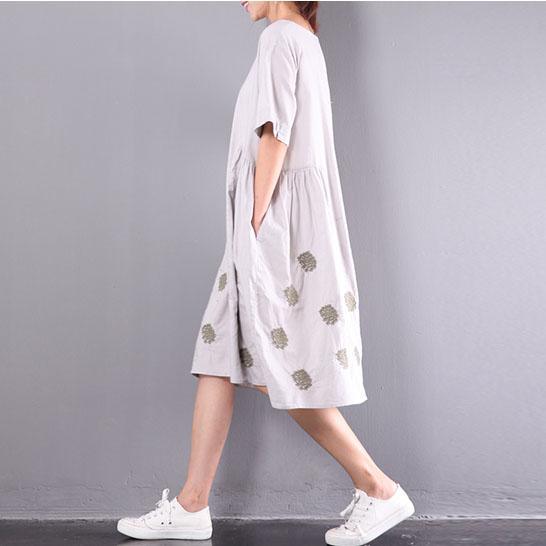 new light gray embroidery linen dresses plus size unique sundress short sleeve wrinkled mid-dress - Omychic