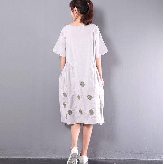 new light gray embroidery linen dresses plus size unique sundress short sleeve wrinkled mid-dress - Omychic