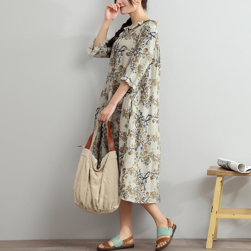 new light gray linen dresses summer casual floral maxi dress plus size sundress - Omychic