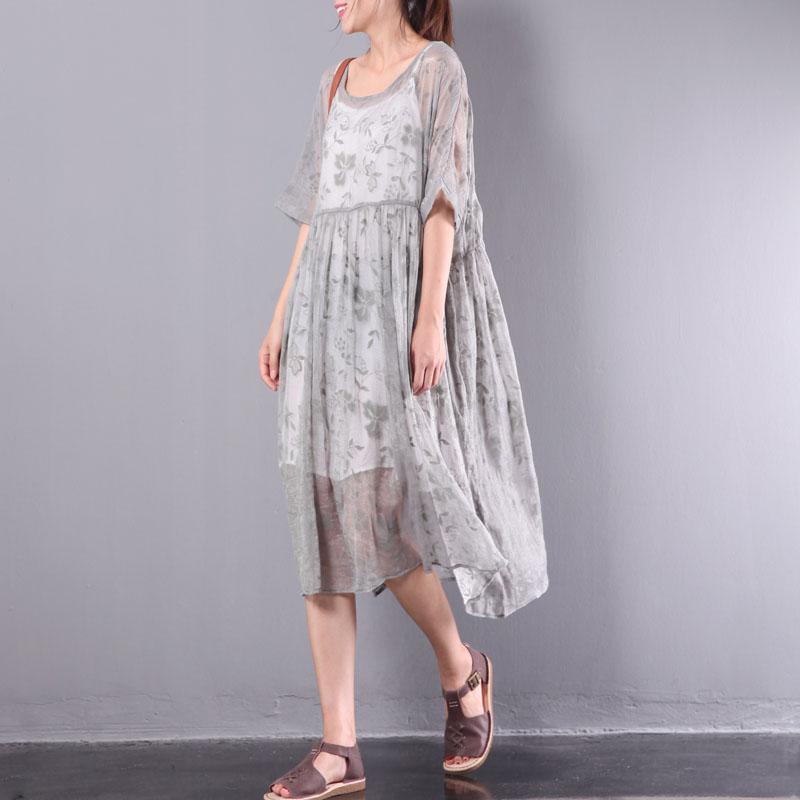 new light gray  prints chiffon dresses plus size casual two pieces sundress short sleeve maxi dress - Omychic