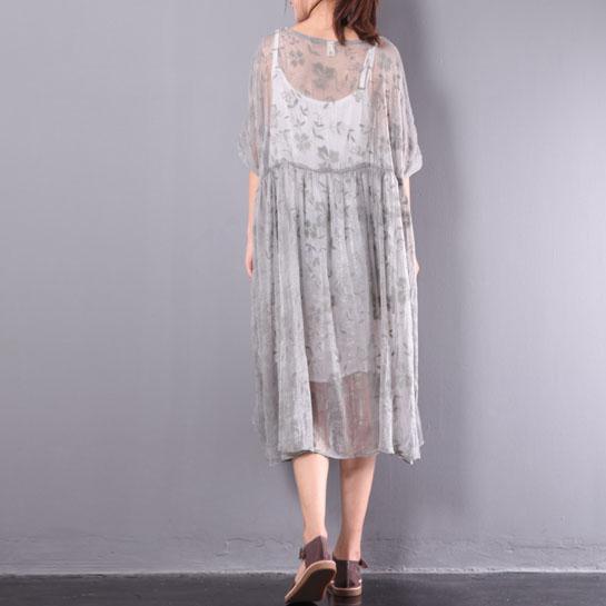 new light gray  prints chiffon dresses plus size casual two pieces sundress short sleeve maxi dress - Omychic